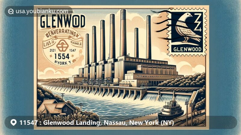 Modern illustration of Glenwood Landing, Nassau County, New York, featuring Glenwood Generating Station against the backdrop of Hempstead Harbor, with vintage airmail envelope incorporating ZIP code 11547 and postal stamp.
