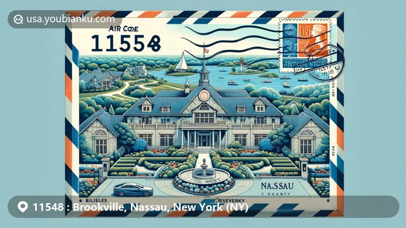Modern illustration of Brookville, Nassau County, New York, featuring postal theme with ZIP code 11548, showcasing Tilles Center for the Performing Arts, DeSeversky Conference Center, and Brookville Reformed Church.