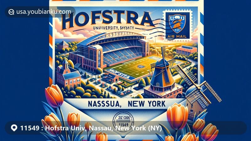 Illustration of Hofstra University in Nassau, New York, depicting the James M. Shuart Stadium, a miniature windmill, and tulips, symbolizing the campus's beauty in spring, along with vintage air mail elements and a prominent ZIP code 11549 postmark.