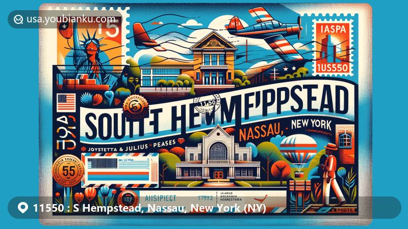Modern illustration of South Hempstead, Nassau County, New York, with postal theme showcasing ZIP code 11550, featuring Joysetta & Julius Pearse African American Museum and historical significance dating back to the 17th century.