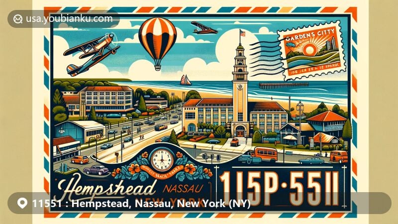 Modern illustration of Hempstead, Nassau County, New York, capturing the essence of ZIP code 11551 with Jones Beach State Park, Hempstead Town Hall, Garden City, and postal theme elements.