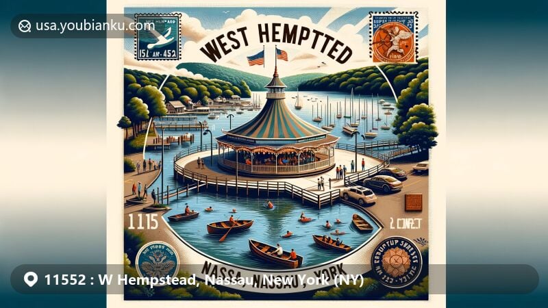 Modern illustration of West Hempstead, Nassau County, New York, featuring vintage airmail envelope showcasing Hempstead Lake State Park activities like fishing and boating, historic carousel, with stamps representing diverse culture.