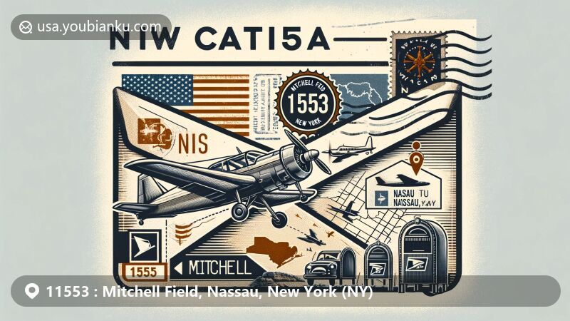 Modern illustration of Mitchell Field, Nassau, New York, showcasing aviation-themed envelope with historical postal elements and aircraft stamp, featuring ZIP code 11553 and Nassau, NY abbreviation, blending New York state flag and Nassau County outline.