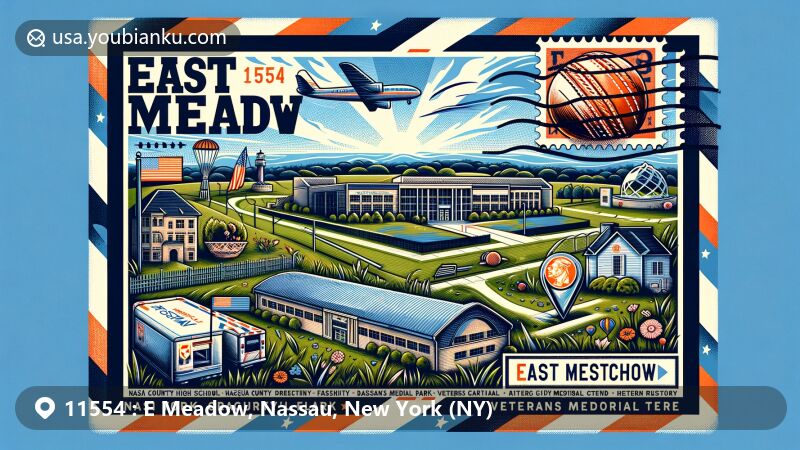 Modern illustration of East Meadow, Nassau, New York, featuring vintage airmail envelope with landmarks like East Meadow High School, Nassau County Correctional Facility, Nassau University Medical Center, Veterans Memorial Park, and cricket references for ICC Men's T20 World Cup.