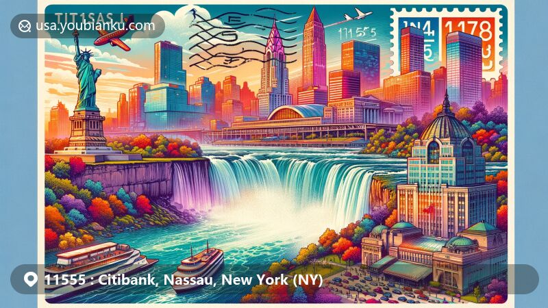 Modern illustration of Citibank in Nassau, New York, blending with iconic landmarks like Niagara Falls and Madison Square Garden, featuring postal elements and ZIP code 11555.