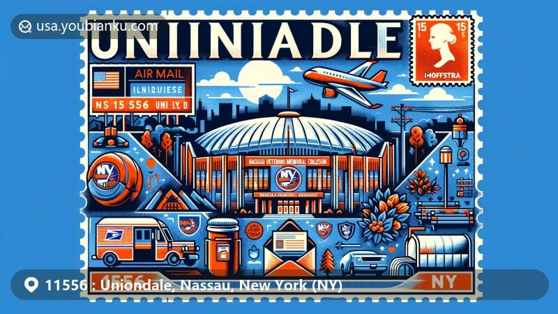 Modern illustration of Uniondale, Nassau, New York (NY), representing ZIP code 11556, featuring Nassau Veterans Memorial Coliseum and Hofstra University landmarks, showcasing cultural diversity and postal elements like air mail envelope and unique stamps.
