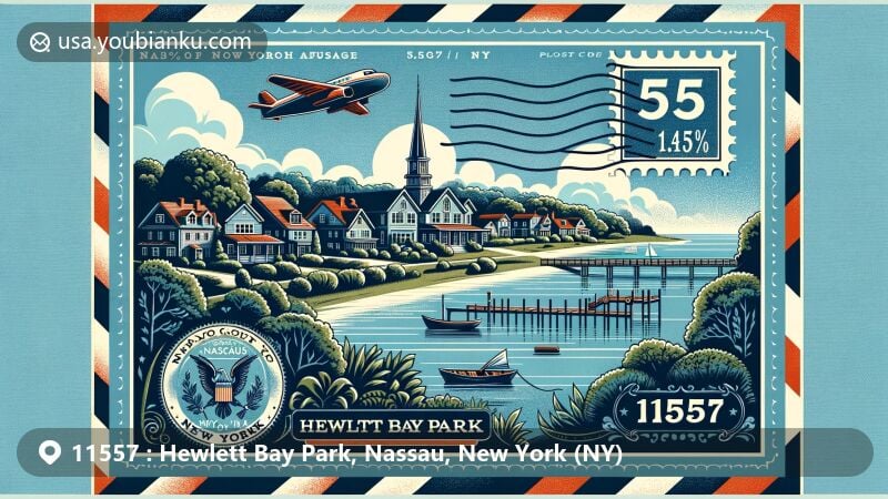 Modern illustration of Hewlett Bay Park, Nassau County, New York, featuring vintage airmail envelope with ZIP code 11557, New York state flag, and 'Hewlett Bay Park, NY' postmark, showcasing rural affluence and serene residential ambiance.