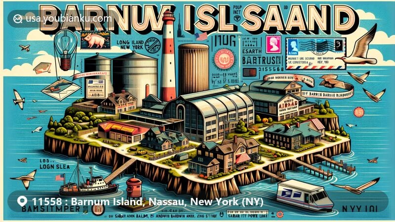 Modern illustration of Barnum Island, highlighting geographical features and postal elements with historical significance, including original name Hog Island, E.F. Barrett Power Station, and creative integration of postal details in a postcard design.