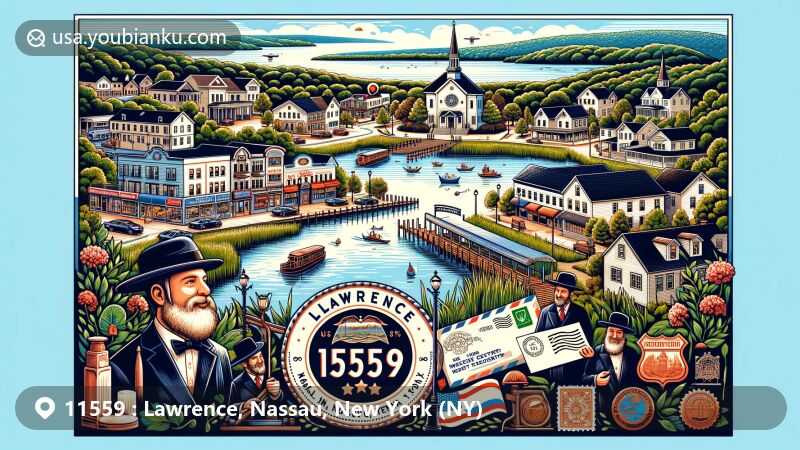 Modern illustration of Lawrence, Nassau County, New York, highlighting Jewish community, waterfront location, and postal theme with ZIP code 11559, featuring kosher establishments and historical landmarks.