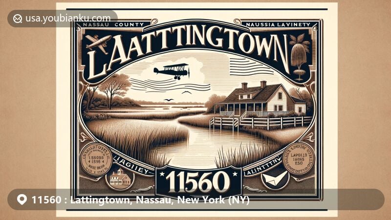 Vintage illustration of Lattingtown, Nassau County, New York, celebrating postal theme with ZIP code 11560, featuring Bailey Arboretum sketches and historic references to early settlers, Richard and Josiah Latting, in a nostalgic travel and postal art tribute.