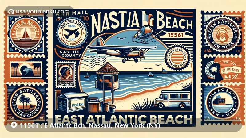 Modern illustration of East Atlantic Beach, Nassau County, New York, highlighting postal theme with New York State and Nassau County stamps, vintage air mail envelope with '11561' postal mark, and stylized mailbox or mail truck.