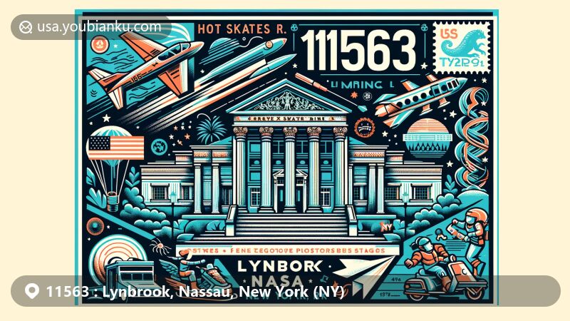 Modern illustration of Lynbrook, Nassau County, New York, with Luning House, Hot Skates Rink, and Fun Station USA, blending local landmarks and postal theme with vibrant colors.