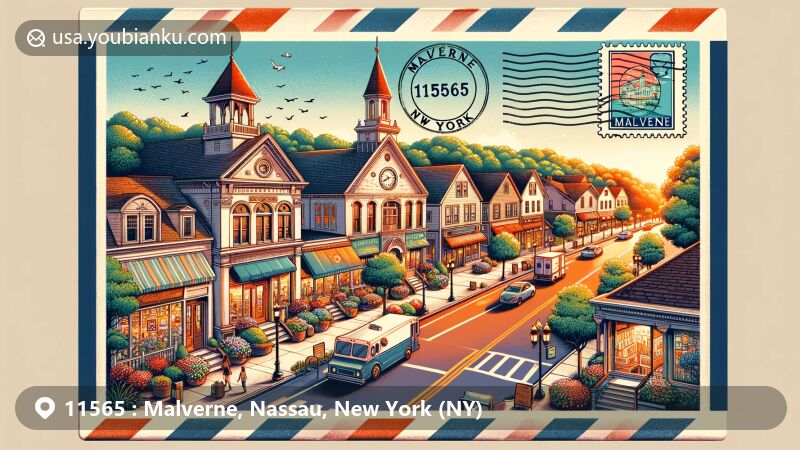 Modern illustration of Malverne, Nassau, New York (NY), capturing its small-town charm with quaint shops, residential homes, and parks. Features vibrant colors and postal charm elements like vintage postcard format, air mail design, Malverne Village Hall stamp, and 'Malverne, NY 11565' postmark.