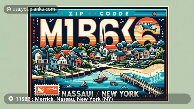 Modern illustration of Merrick, Nassau County, New York, showcasing postal theme with ZIP code 11566, featuring postage stamp, postmark, and envelope, along with coastal hints and local charm.