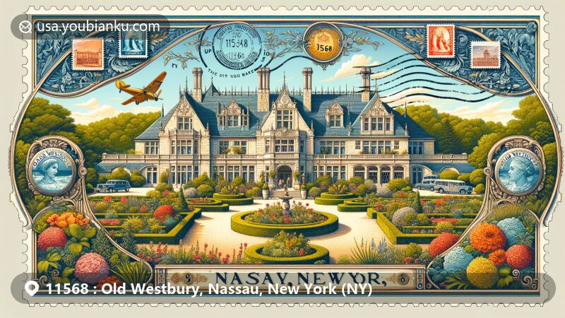 Modern illustration of Old Westbury Gardens, Nassau, New York, featuring iconic mansion in a vintage air mail envelope frame with stamp corners, highlighting ZIP code 11568 amid lush gardens and architectural beauty.