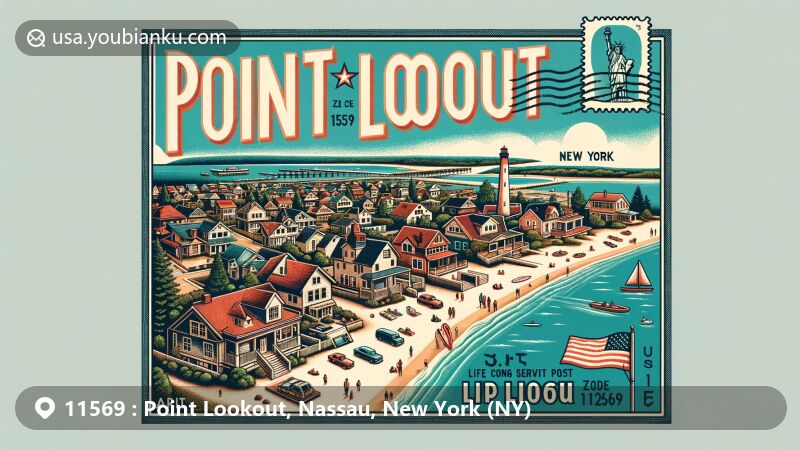 Modern illustration of Point Lookout, Nassau County, New York, featuring postal theme with ZIP code 11569, showcasing Atlantic Ocean, Reynolds Channel, Jones Inlet, and Point Lookout Public Park.
