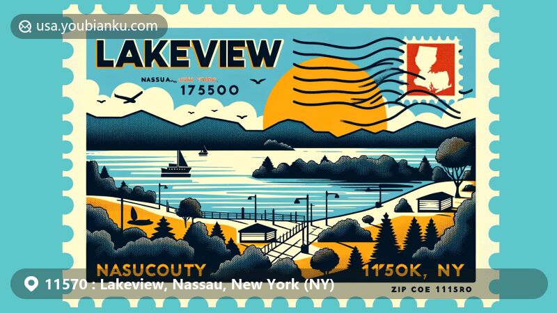 Creative postcard design for Lakeview, Nassau County, New York showcasing ZIP code 11570, featuring Hempstead Lake State Park, stamps, postmark, and diverse cultural elements.