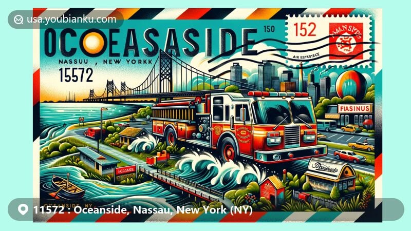 Modern illustration of Oceanside, Nassau, New York, with postal theme representing ZIP code 11572, featuring Oceanside Fire Department history, geographical elements, and Nathan's Famous restaurant.