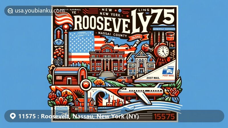 Modern illustration of Roosevelt, Nassau, New York, showcasing postal theme with ZIP code 11575, featuring New York State flag, Nassau County outline, Roosevelt landmarks, and vibrant community connection to the East Coast via Long Island Rail Road.