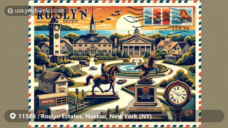 Modern illustration featuring key landmarks of Roslyn Estates, Nassau County, New York, tied to ZIP code 11576. Symbolic elements like Harbor Hill Estate, Mackay Horse statues, and Ellen E. Ward Clocktower represent rich history and culture of the area.