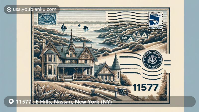Modern illustration of East Hills and Roslyn Heights, Nassau County, New York, showcasing postal theme with historic Mackay Estate and Roslyn Heights post office, reflecting cultural heritage of the region.