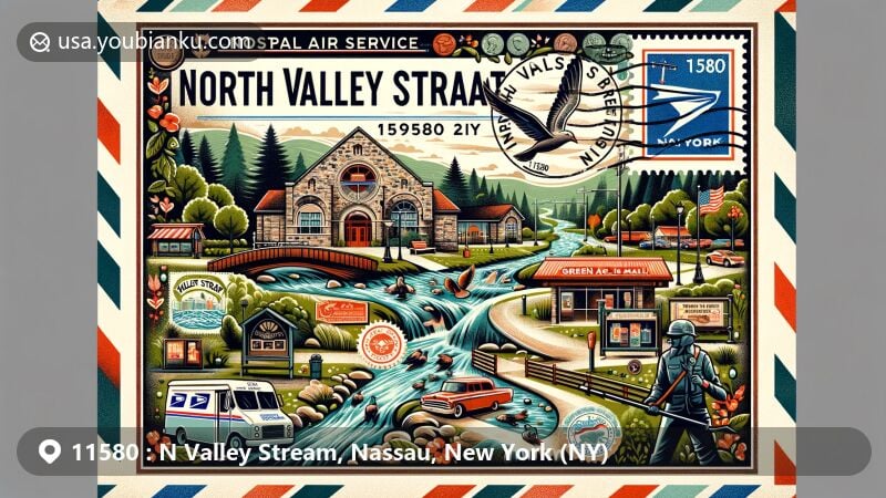 Modern illustration of North Valley Stream, Nassau County, New York, showcasing postal theme with ZIP code 11580, featuring Valley Stream State Park, Arthur J. Hendrickson Park, and Green Acres Mall.