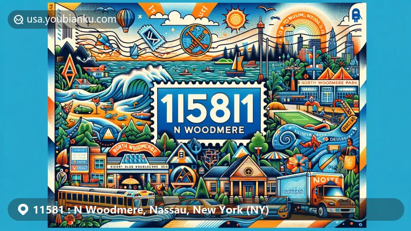 Modern illustration of N Woodmere, Nassau County, New York, capturing essence of ZIP code 11581 with North Woodmere Park's leisure facilities and symbolic representation of community's resilience and diversity.