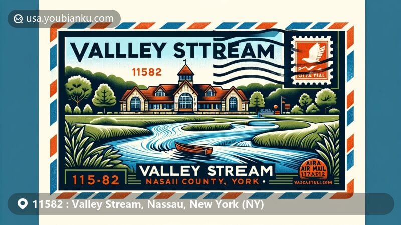 Modern illustration of Valley Stream, Nassau County, New York, highlighting scenic Valley Stream State Park, Pagan-Fletcher House, and postal theme with ZIP code 11582, in a vintage postcard layout.