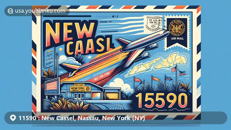 Modern illustration of New Cassel, Nassau County, New York, showcasing vibrant air mail envelope with 'Yes We Can' Community Center, stylized New York state outline, and postal stamp featuring state flag.