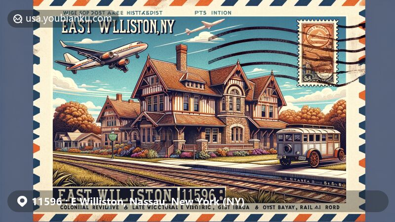 Wide illustration of East Williston Village Historic District in Nassau County, New York, showcasing colonial revival, late Victorian, and gothic revival architecture, with vintage postcard elements and 'E Williston, NY 11596' postmark.