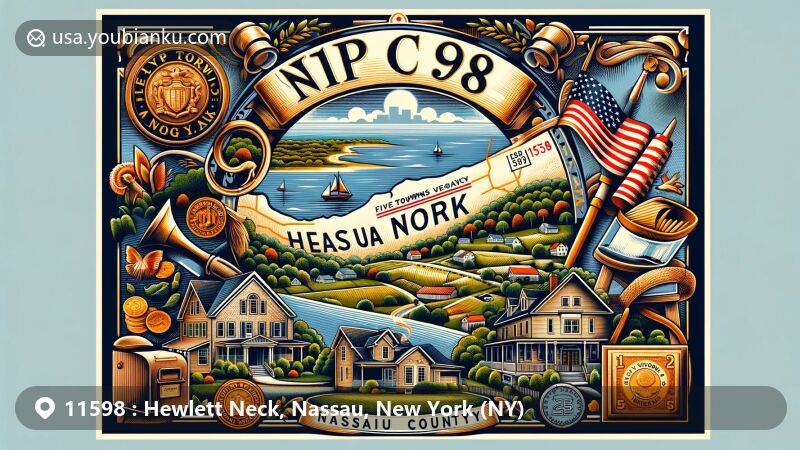 Modern illustration of Hewlett Neck village in Five Towns, Long Island, showcasing rural affluence and waterfront charm, featuring vintage air mail envelope with ZIP code 11598, New York state flag, Nassau County outline, and postal symbols.