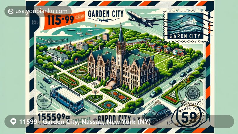 Modern illustration of Garden City, Nassau County, New York, presenting postal theme with ZIP code 11599, featuring Saint Paul's School, Garden City Community Park, vintage postal elements, and New York state flag.