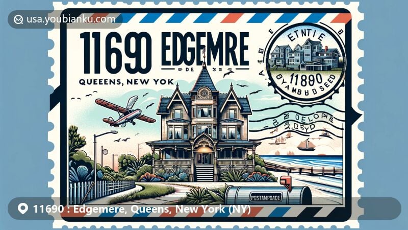 Modern illustration of 11690 Edgemere, Queens, NY, featuring a wide airmail envelope with postal theme, showcasing Victorian-style buildings, seaside boardwalk, and green nature preserve area, along with an iconic landmark from Arverne-by-the-Sea.