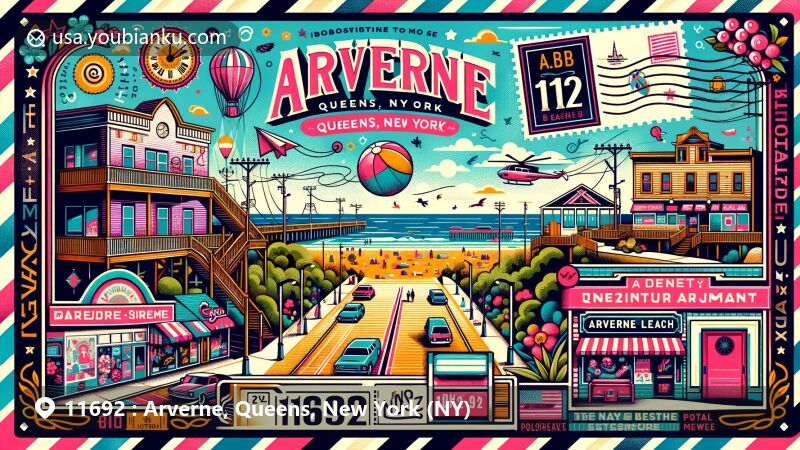 Modern illustration of Arverne, Queens, New York, showcasing vibrant postcard theme with ZIP code 11692, featuring revitalization, beaches, and Arverne by the Sea development.