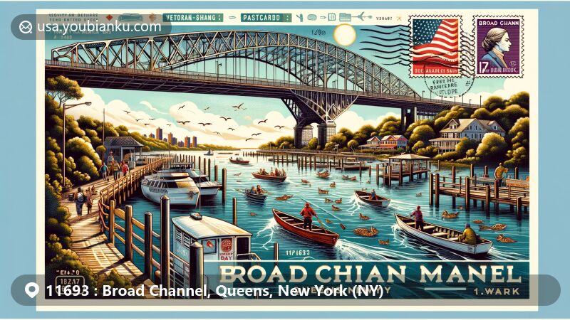 Modern illustration of Broad Channel, Queens, New York, known as the 'Venice of New York,' featuring an island in Jamaica Bay, a bridge connecting the island to the mainland, a postal stamp with the Cross Bay Veterans Memorial Bridge, and the ZIP code '11693' highlighting the community's history and postal theme.