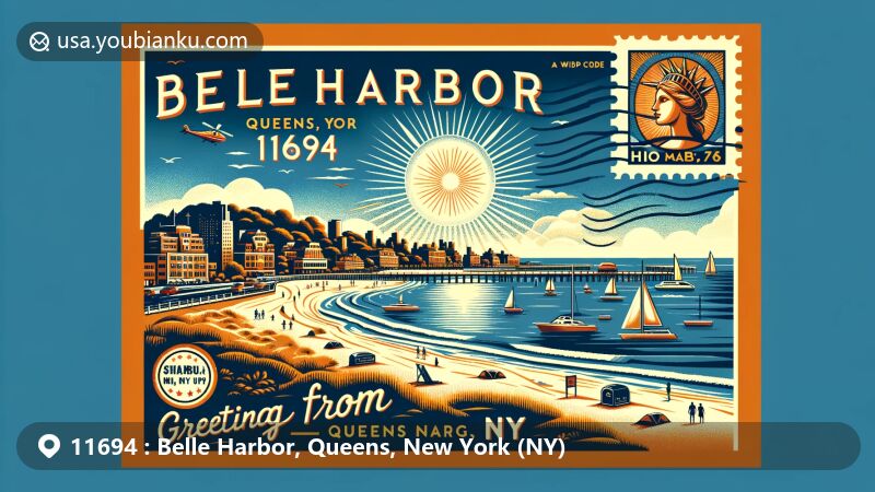 Modern illustration of Belle Harbor, Queens, NY, capturing essence of a creative postcard or airmail envelope, featuring iconic elements such as beautiful beaches, Rockaway Beach, and Belle Harbor Yacht Club, reflecting its seaside and tranquil lifestyle. The image includes a clear sunny sky, conveying the area's charm and allure. It incorporates postal elements like a stamp in the top right corner displaying ZIP code 11694 and a postmark with 'Belle Harbor, NY'. The bottom part mimics a postcard address section but with 'Greetings from Belle Harbor, Queens, NY' in fashionable font. This image is designed in a modern illustrative style, suitable for web use, creative and vibrant to engage viewers and celebrate Belle Harbor's unique characteristics.
