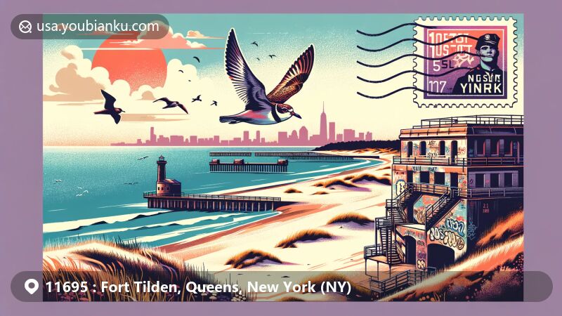 Modern illustration of Fort Tilden Beach in Queens, New York, capturing natural beauty, historic military structures turned graffiti art, coastal defense elements, biodiversity with piping plovers and ospreys, and postal theme with vintage stamp and ZIP code 11695.