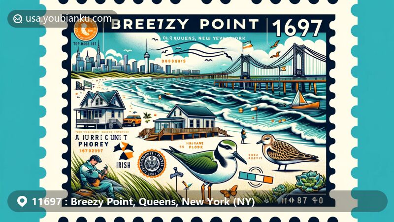 现代插图，展示了纽约皇后区Breezy Point地区，邮政编码11697，突出其海滨社区特色及面对飓风桑迪等自然灾害时的恢复力。设计包括Breezy Point冲浪俱乐部、翘鼻鹬等标志性元素，以及ZIP码11697。
