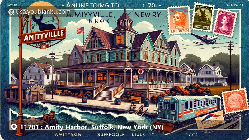 Modern illustration of Amityville, Suffolk County, New York, capturing iconic elements like the Amityville Horror house, LIRR station, and local geography. Styled as a vintage postcard with 'Welcome to Amityville' sign and postal motifs.