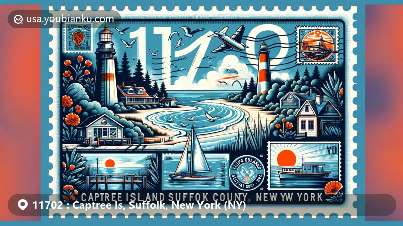 Modern illustration of Captree Island, Suffolk County, New York, with postal theme featuring ZIP code 11702, highlighting Fire Island Lighthouse, Captree State Park, and maritime culture.