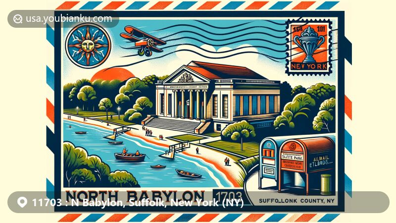 Modern illustration of North Babylon, Suffolk County, New York, featuring Belmont Lake State Park and the Babylon Library, with postal theme showcasing New York state flag stamp and '11703 North Babylon, NY' mark.