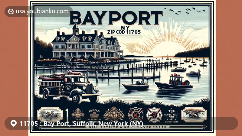 Modern illustration of Bayport, Suffolk County, New York, featuring Meadow Croft estate, Great South Bay, Bayport Fire Department symbols, and volunteer rescue activities, capturing the essence of a picturesque, historic, and community-oriented Long Island town.