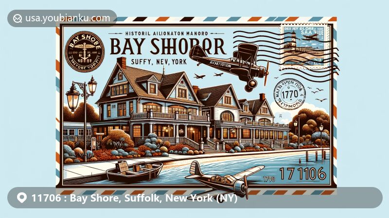 Modern illustration of Sagtikos Manor in Bay Shore, Suffolk County, New York, featuring postal theme with ZIP code 11706, showcasing Main Street revitalization and connection to Fire Island.