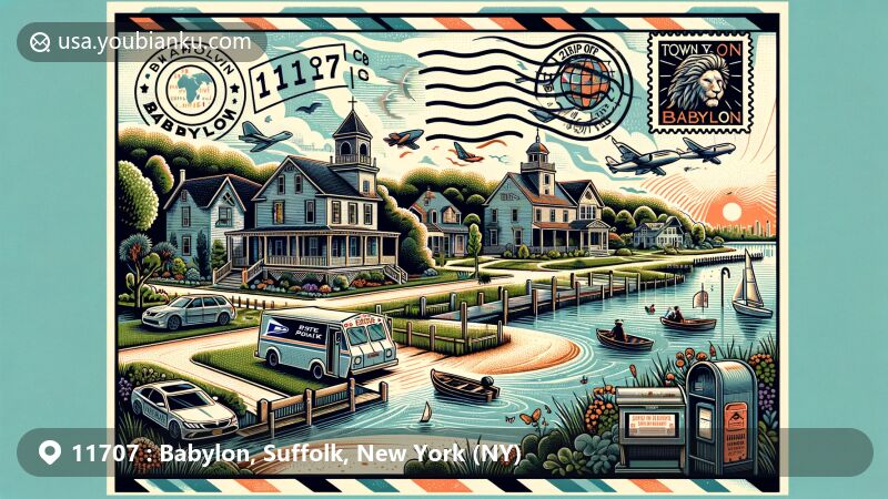 Modern illustration of Babylon, Suffolk County, New York, highlighting postal theme with Nathaniel Conklin House, Town of Babylon History Museum, Captree State Park, and Belmont Lake State Park. Featuring ZIP code 11707, vintage postcard elements, and local landmarks.