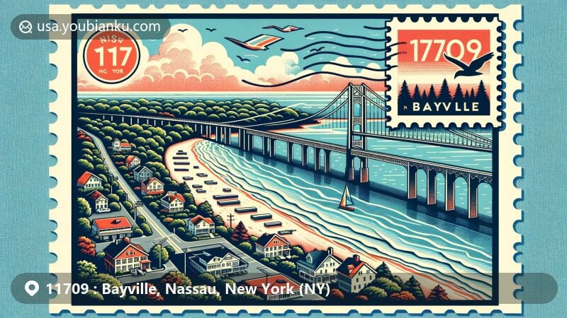 Modern illustration of Bayville, Nassau, New York, showcasing postal theme with ZIP code 11709, featuring Bayville Bridge connecting to Mill Neck over Oyster Bay Harbor and scenic Long Island Sound views.
