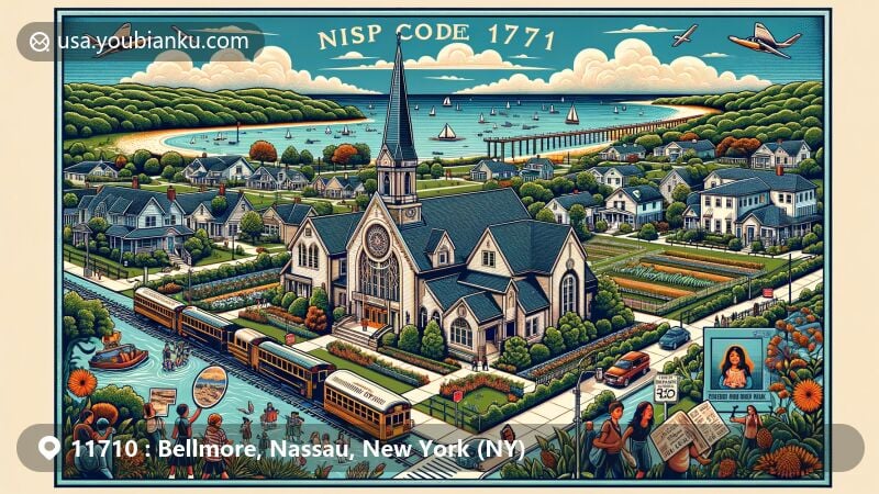 Wide-format illustration of Bellmore, Nassau County, New York, portraying suburban charm, historical landmarks, educational importance, and natural beauty, featuring Bellmore Memorial Library, St. Barnabas Roman Catholic Church, Jones Beach State Park, and community activities.