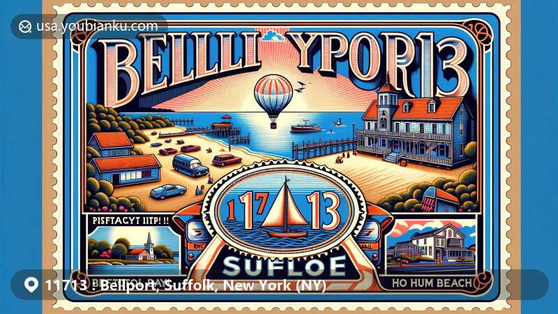 Modern illustration of Bellport, Suffolk County, New York, celebrating postal theme with ZIP code 11713, featuring Bellport Bay as the central element, highlighting the beauty of the village and importance of the postal code in connecting the community.