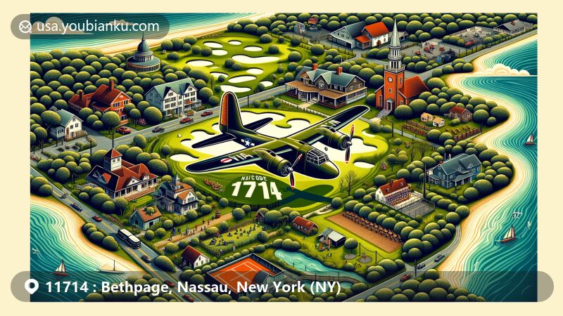 Modern illustration of Bethpage, Nassau County, New York, blending rich history, recreation, and community spirit. Highlights include Bethpage State Park with famous golf course, Grumman aviation manufacturing site, Old Bethpage Village Restoration, and Bethpage Community Park.