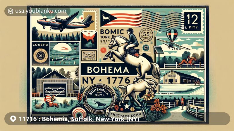 Modern illustration of Bohemia, Suffolk County, New York, featuring postal theme with Bohemia, NY 11716, showcasing Bohemia Equestrian County Center with equestrian activities and Czech heritage nods.