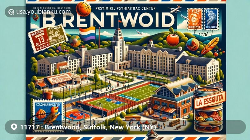 Modern illustration of Brentwood, Suffolk County, New York, featuring postal theme with ZIP code 11717, highlighting Brentwood State Park, Pilgrim Psychiatric Center, skate park, La Espiguita Bakery, and Brentwood Public Library.